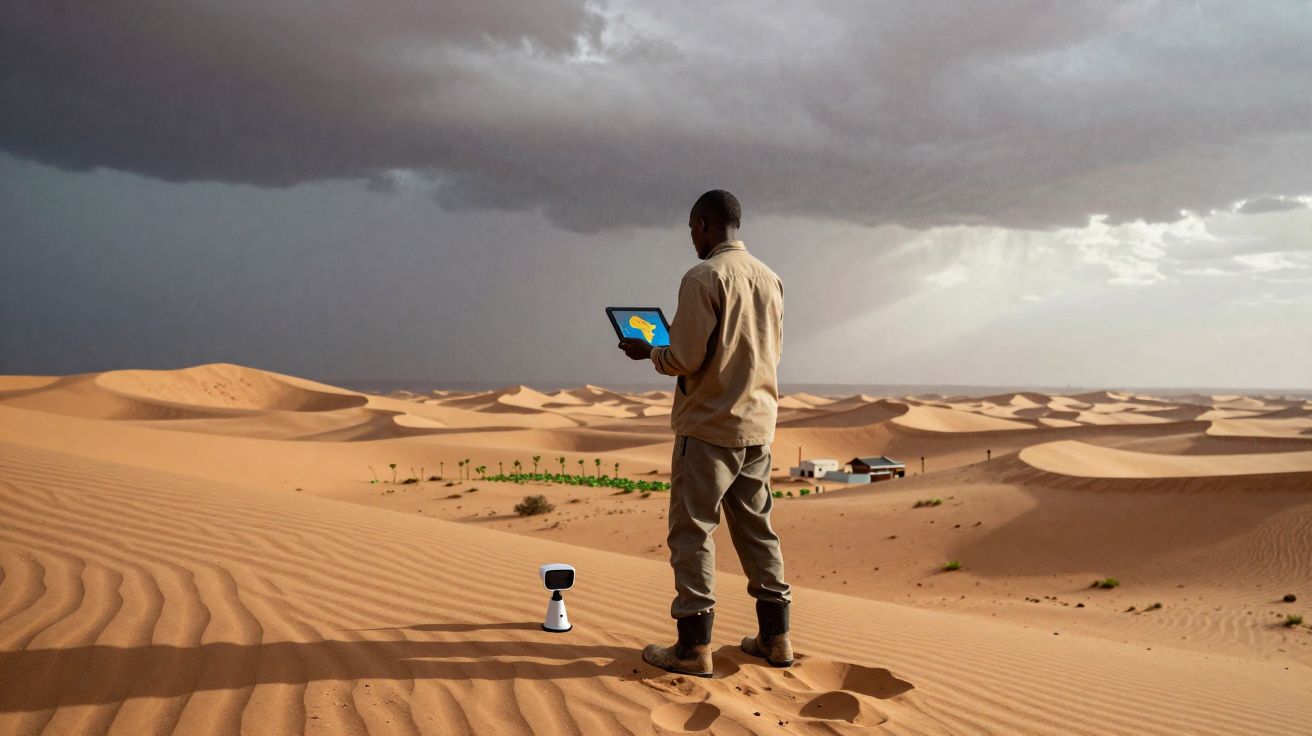 Homem usando tablet em duna de deserto com céu nublado, próximo a robô branco pequeno.