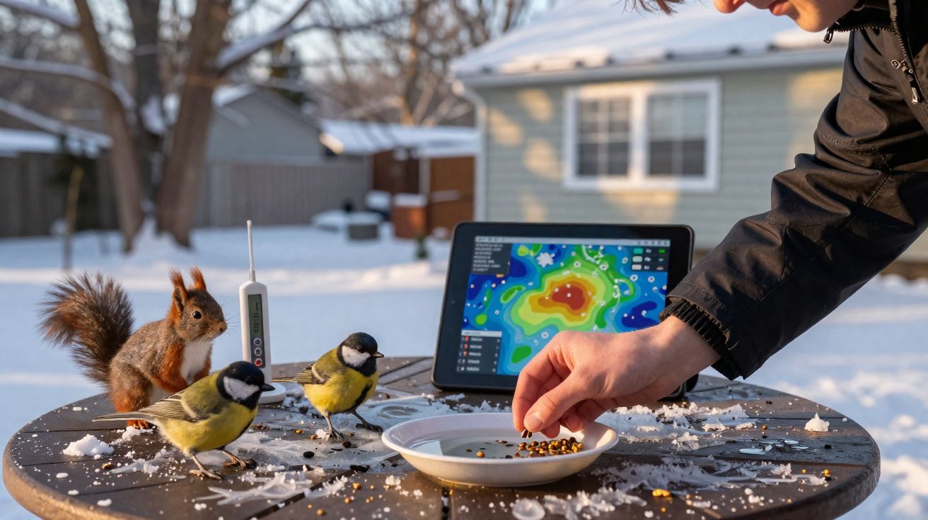 Pessoa alimenta pássaros e esquilo em mesa ao ar livre com neve, termômetro e tablet com mapa climático.
