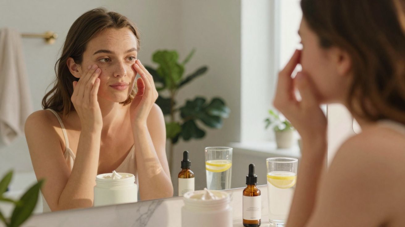 Mulher aplicando creme facial em frente ao espelho no banheiro com frascos de cosméticos ao lado.