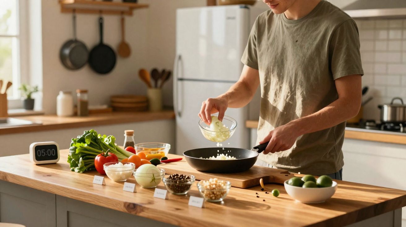 Homem jovem cozinhando com legumes frescos e cebola em frigideira na cozinha iluminada pela manhã.