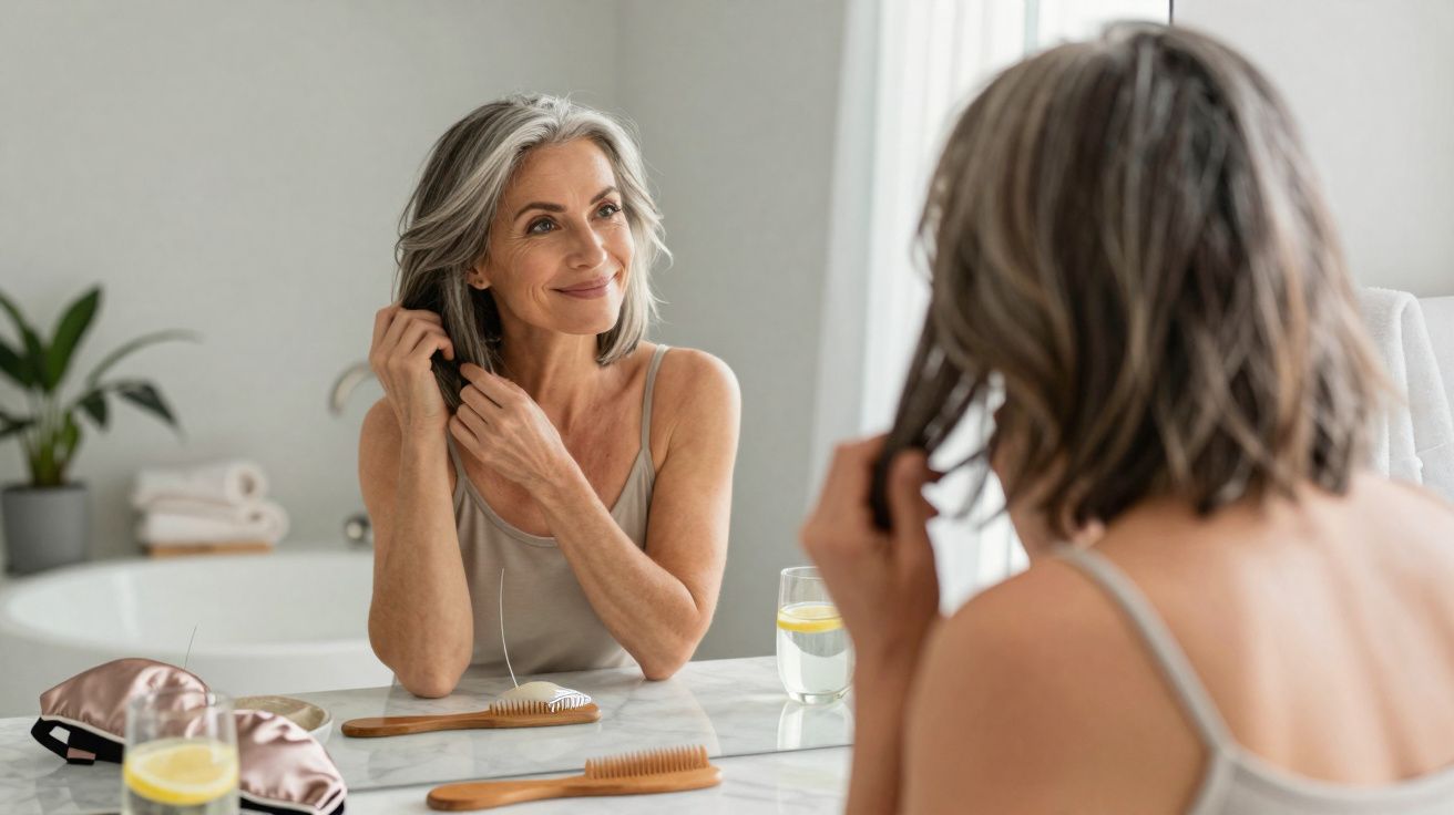 Mulher madura com cabelos grisalhos penteando o cabelo, sorrindo diante do espelho no banheiro.