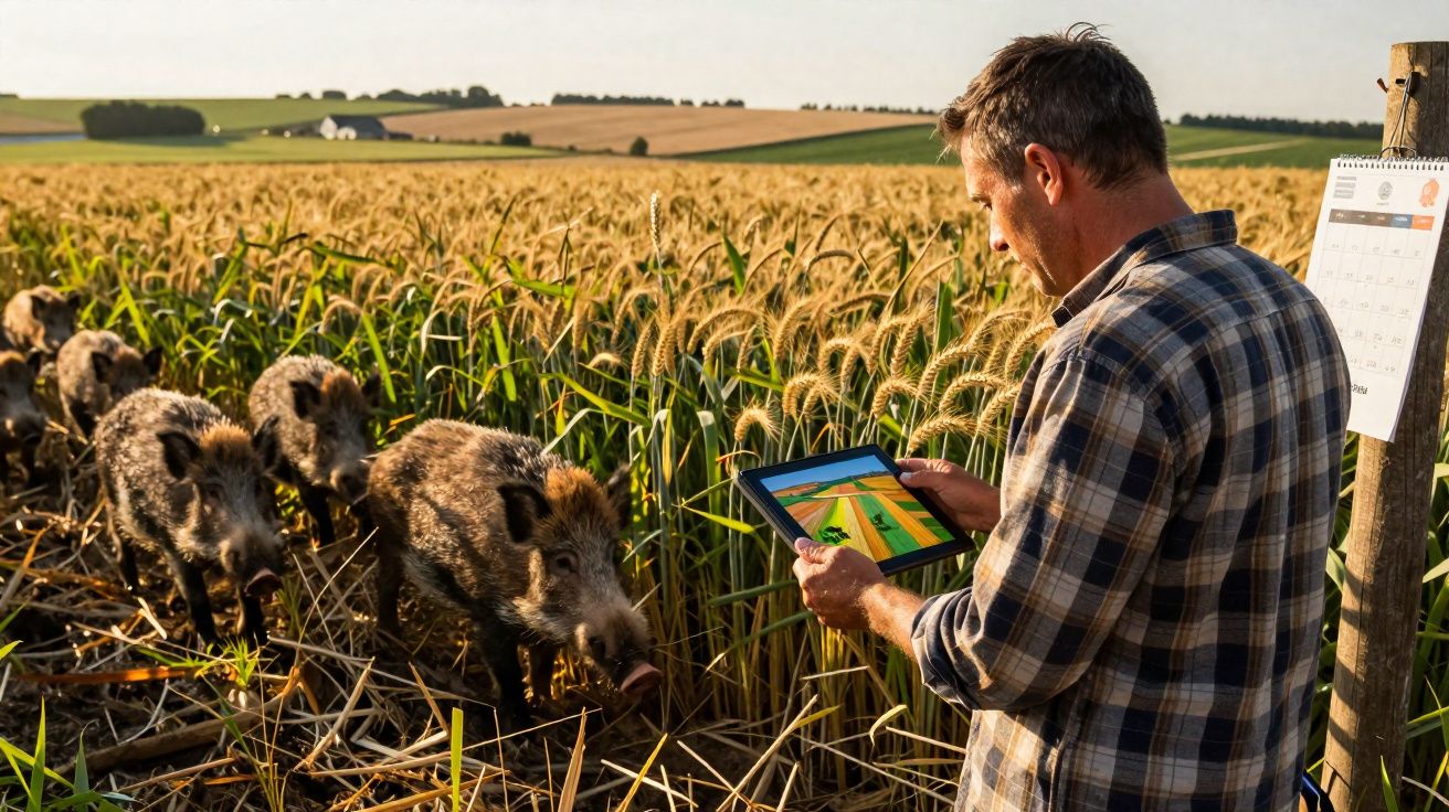 Homem em campo agrícola usando tablet enquanto javalis caminham ao lado durante o dia.
