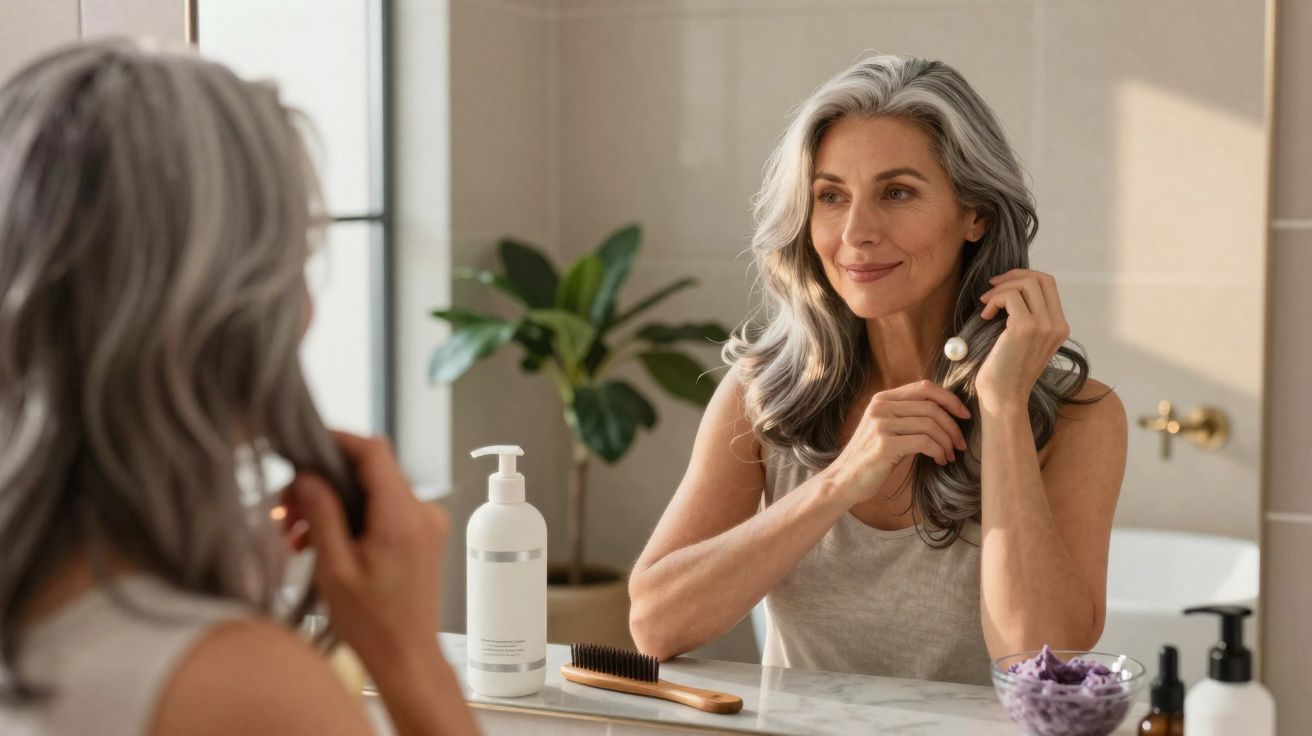 Mulher de cabelos grisalhos penteando os cabelos em frente ao espelho no banheiro.