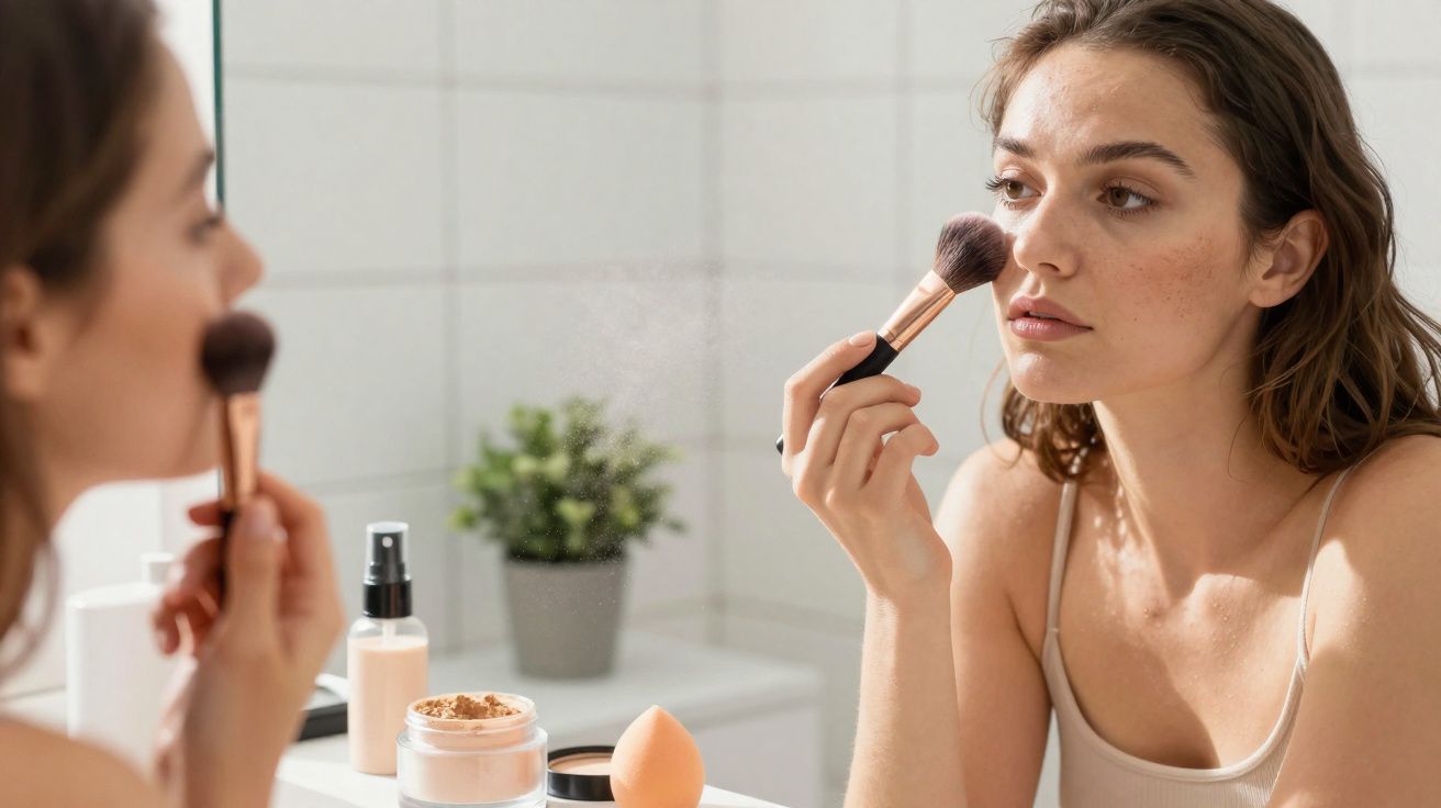Mulher aplicando maquiagem com pincel enquanto se olha no espelho em banheiro iluminado.