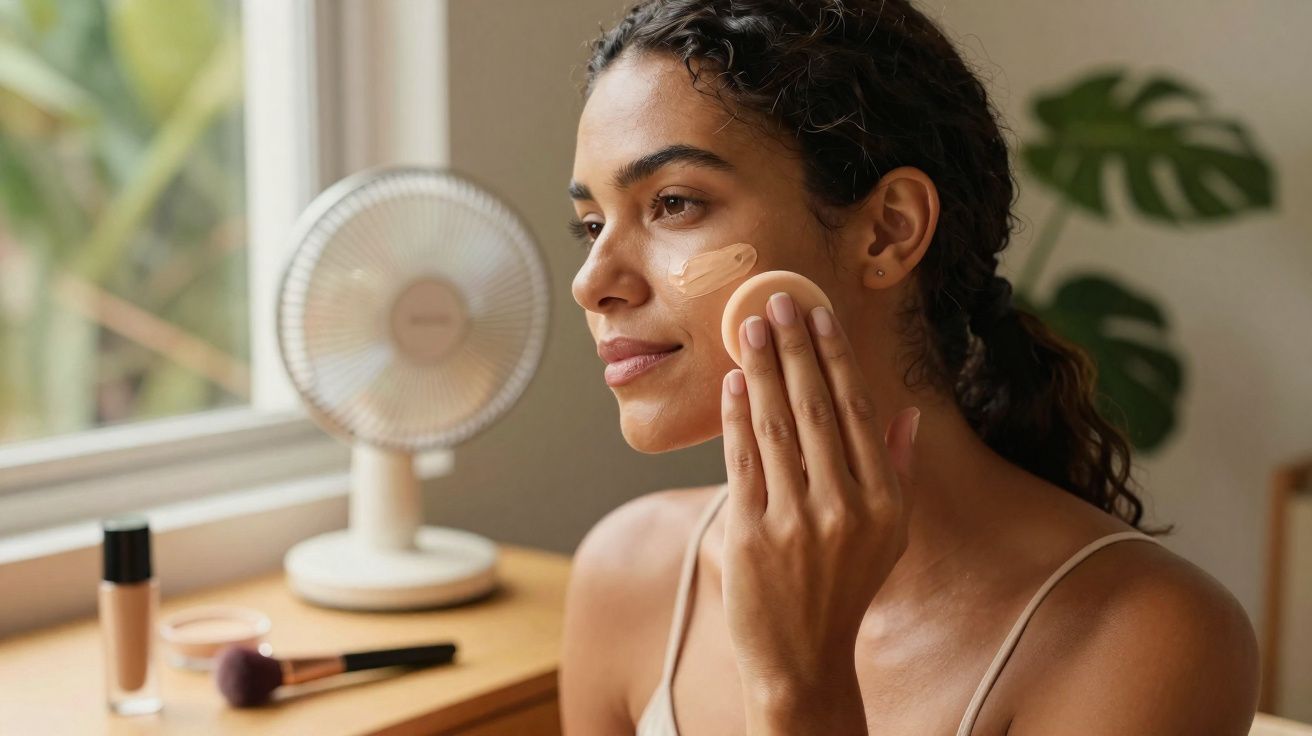 Mulher aplicando base no rosto com esponja, com ventilador e maquiagem ao fundo em cômodo iluminado.