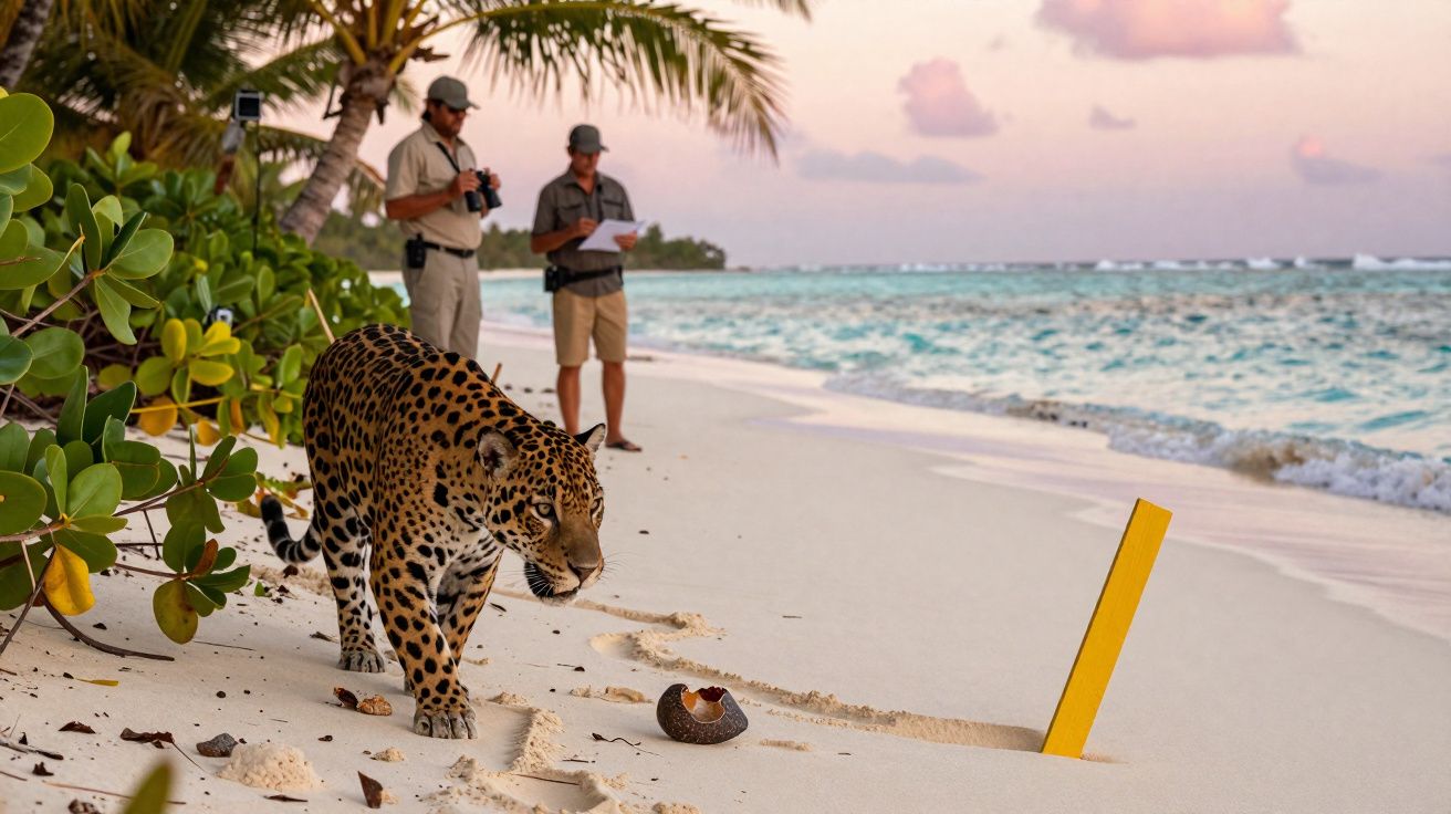 Onça-pintada caminhando na praia com duas pessoas observando ao fundo próximo ao mar.