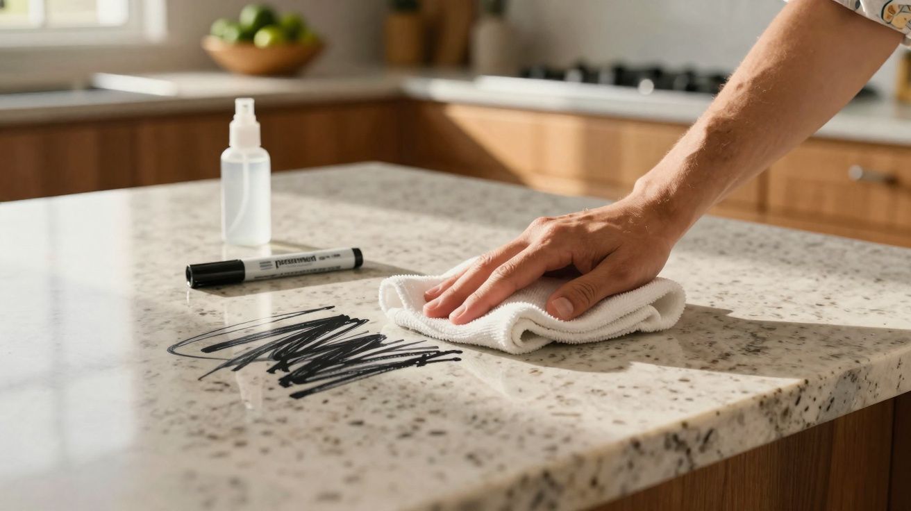 Pessoa limpando risco de caneta em bancada de cozinha com pano branco e borrifador.