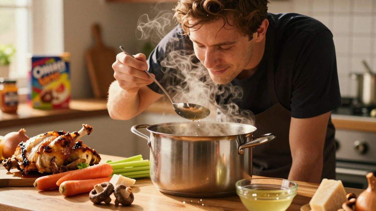Homem cheirando sopa quente em panela na cozinha com legumes, frango e queijo sobre a mesa.