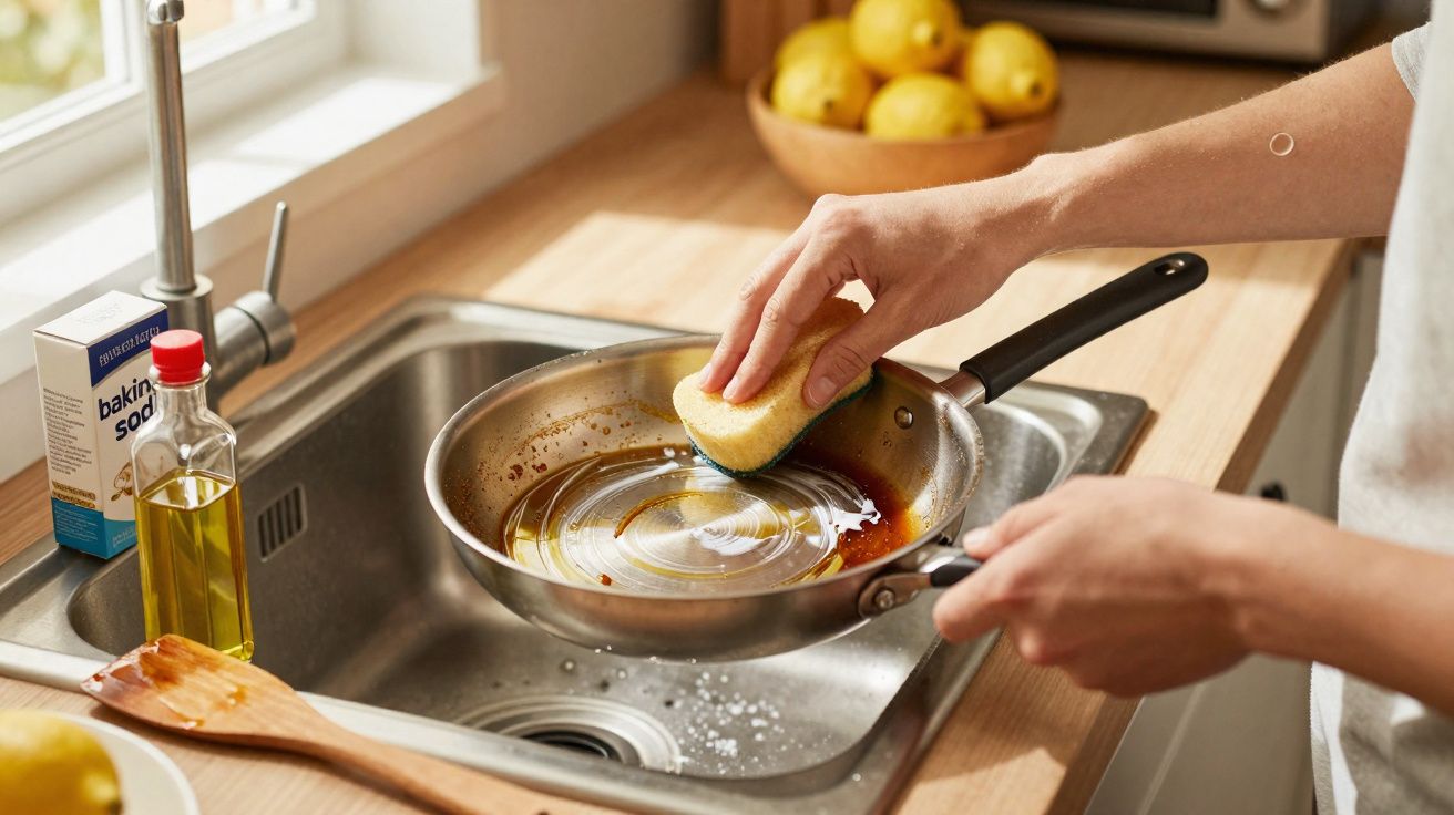 Pessoa lavando frigideira suja com esponja na pia da cozinha, com bicarbonato e óleo ao lado.