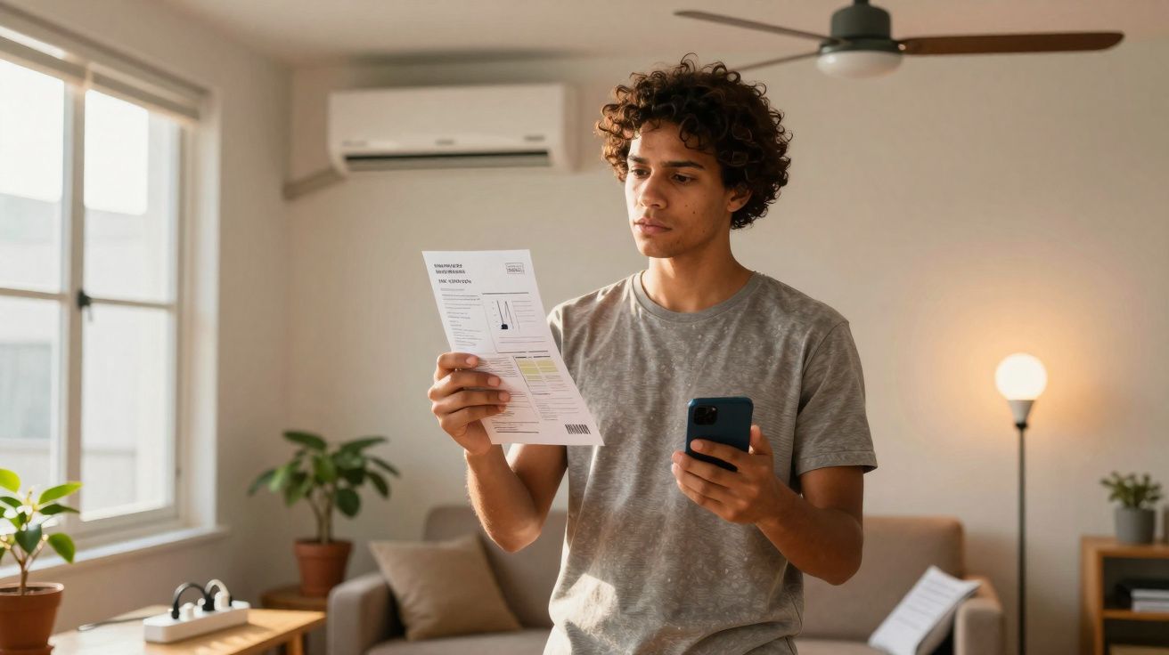 Jovem em cômodo iluminado segurando conta e celular, olhando concentrado para o papel.