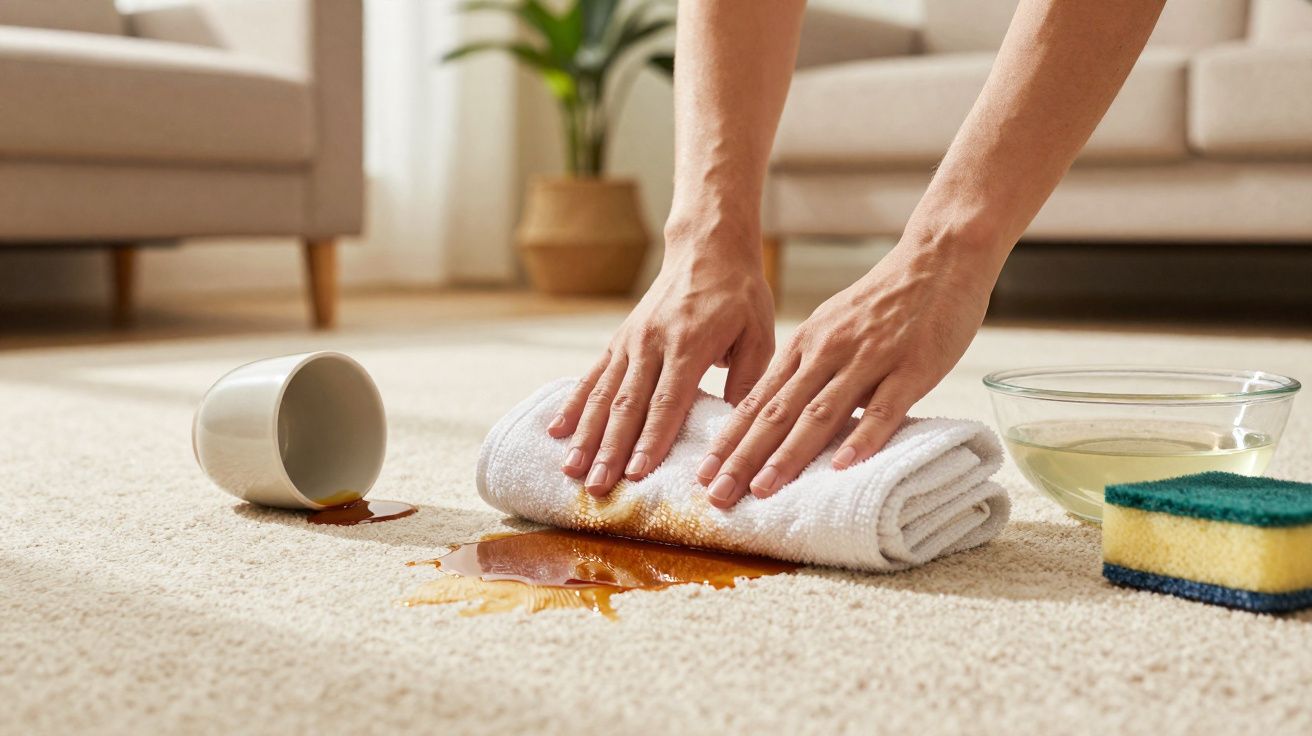 Mãos secando mancha de líquido derramado no tapete com toalha branca, ao lado de esponja e tigela com líquido.