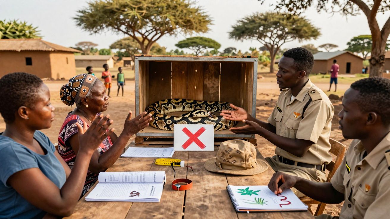 Quatro pessoas em torno de mesa com cobra dentro de caixa e placa com X vermelho em aldeia ao ar livre.
