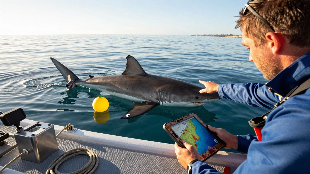 Homem em um barco aponta para um tubarão próximo à superfície do mar, segurando um tablet com mapa náutico.