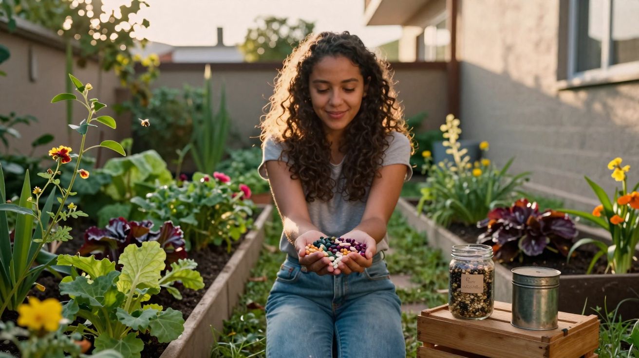 Mulher sentada em jardim segurando sementes coloridas, cercada por plantas e flores em canteiros elevados.
