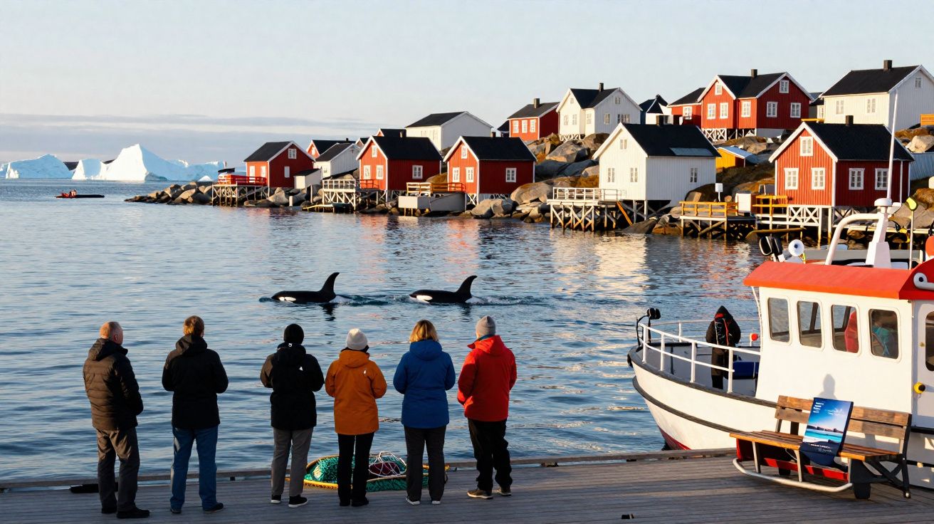 Seis pessoas observam orcas nadando perto de casas coloridas à beira-mar com icebergues ao fundo.