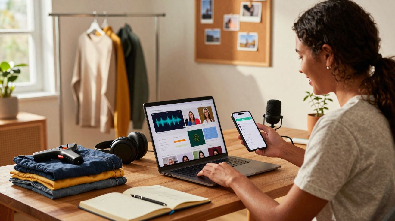 Pessoa usando laptop e smartphone em mesa com roupas dobradas, fones e caderno em ambiente claro e organizado.