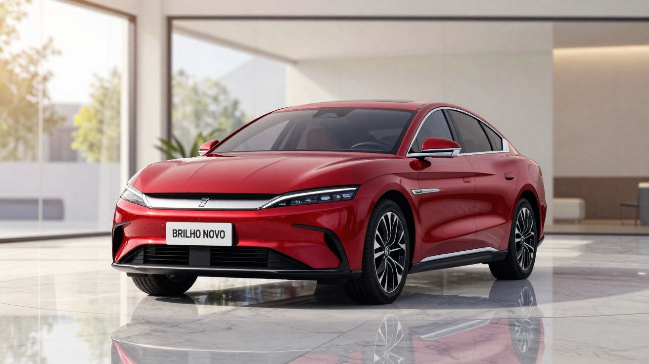 Carro elétrico vermelho estacionado em ambiente moderno com piso de mármore refletindo o veículo.