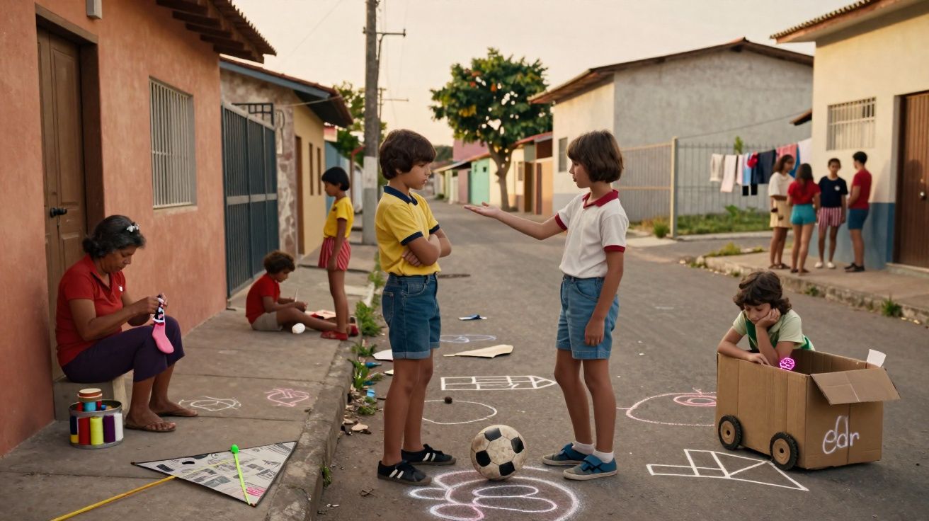 Crianças brincam na rua com jogos de amarelinha desenhados no chão, uma mulher sentada ao lado observa.