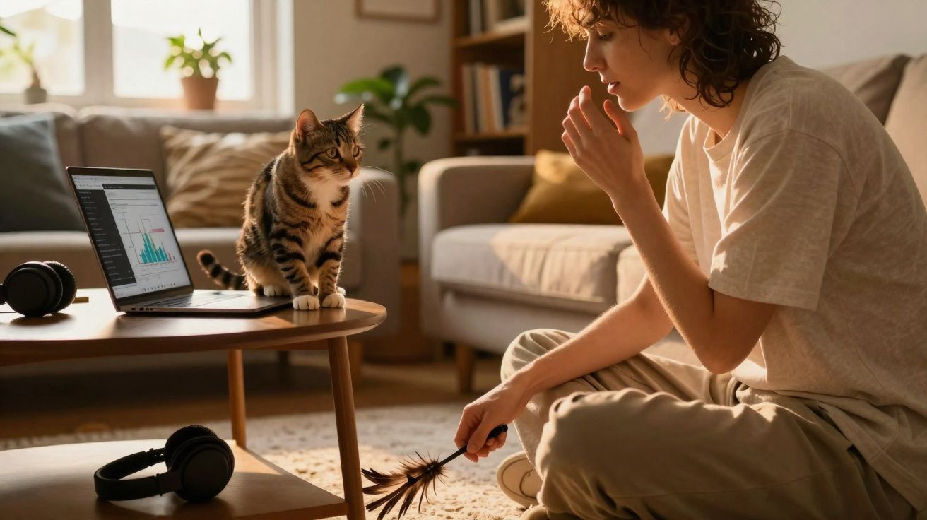 Pessoa sentada no chão brincando com gato ao lado de mesa com laptop e fones de ouvido.