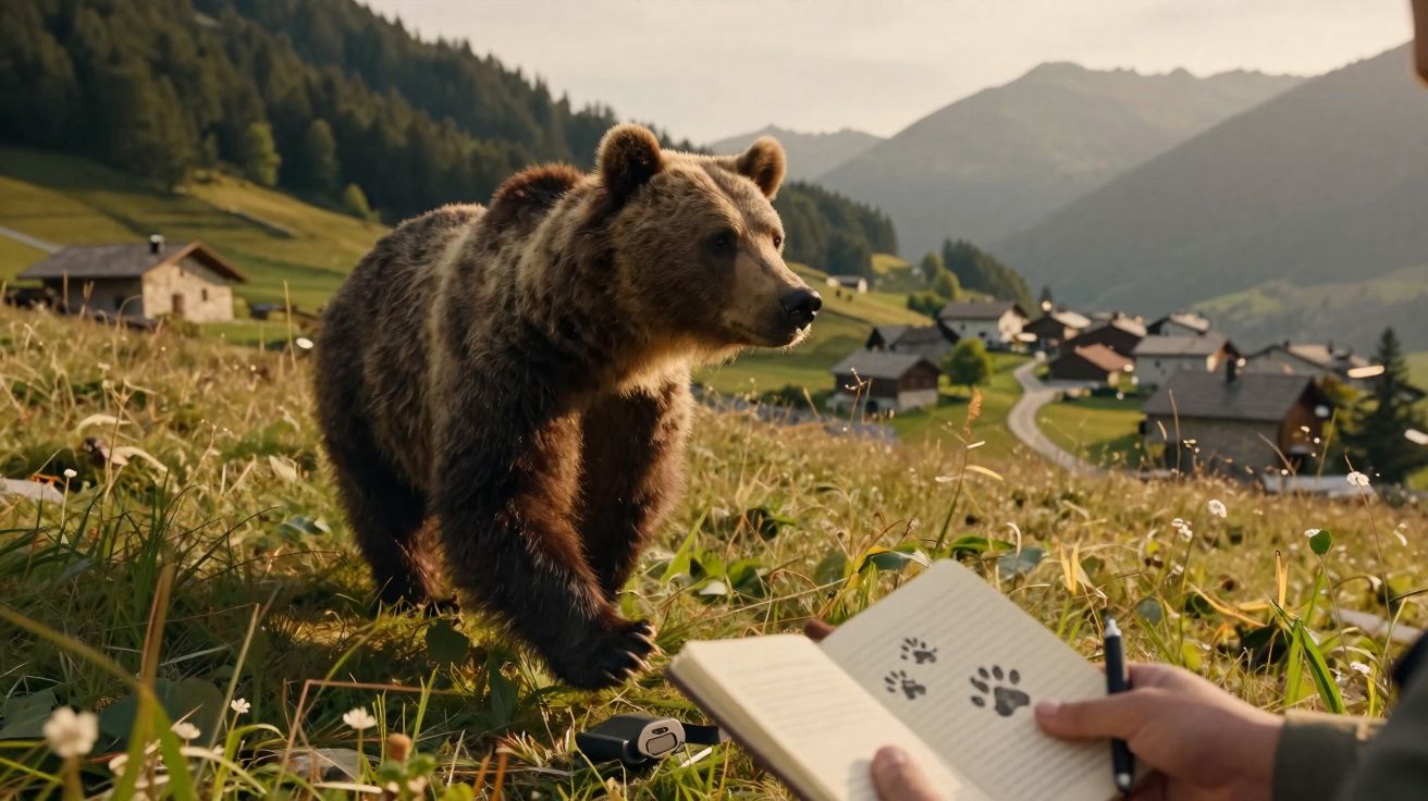 Urso marrom em campo com caderno aberto mostrando desenhos de pegadas, ao fundo vilarejo nas montanhas.