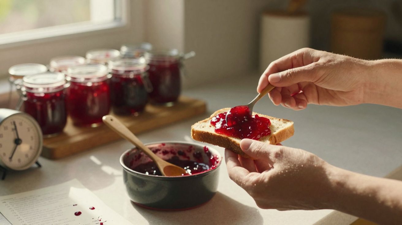 Mãos passando geleia vermelha em fatia de pão com potes de geleia ao fundo em cozinha iluminada.