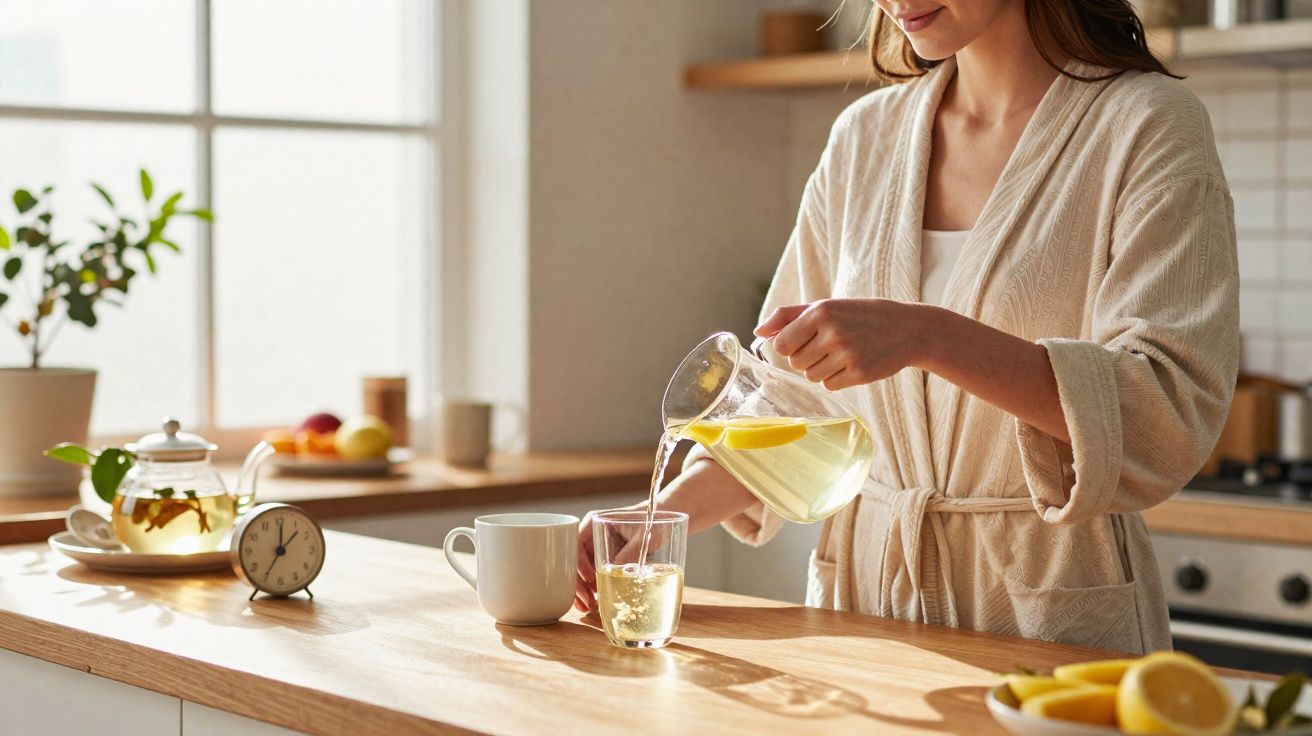 Mulher em robe derramando chá de limão em copo na cozinha iluminada pelo sol da manhã.