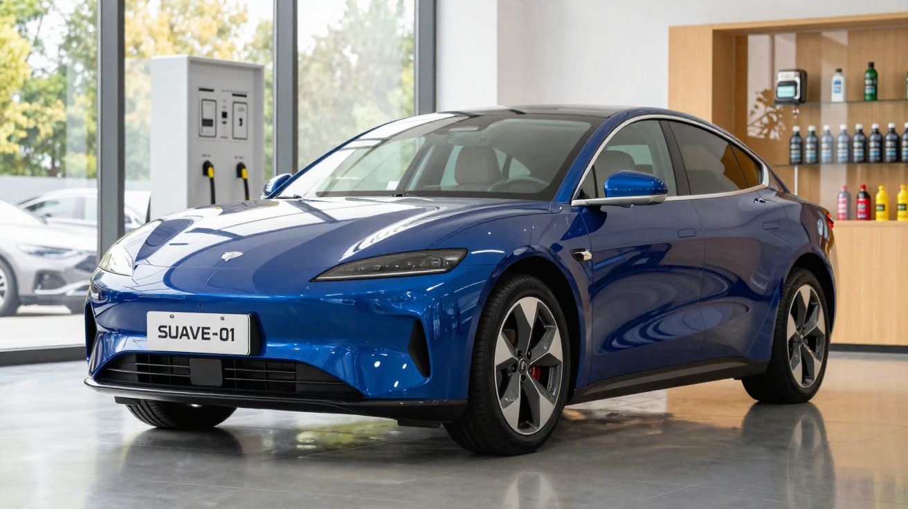 Carro elétrico azul Suave-01 estacionado em showroom moderno com painéis de vidro e prateleiras ao fundo.