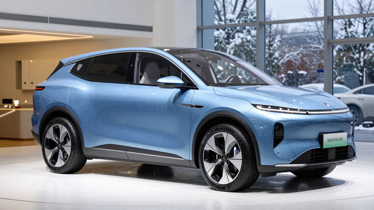 Carro elétrico azul claro exposto em ambiente interno com janelas grandes e vista externa.