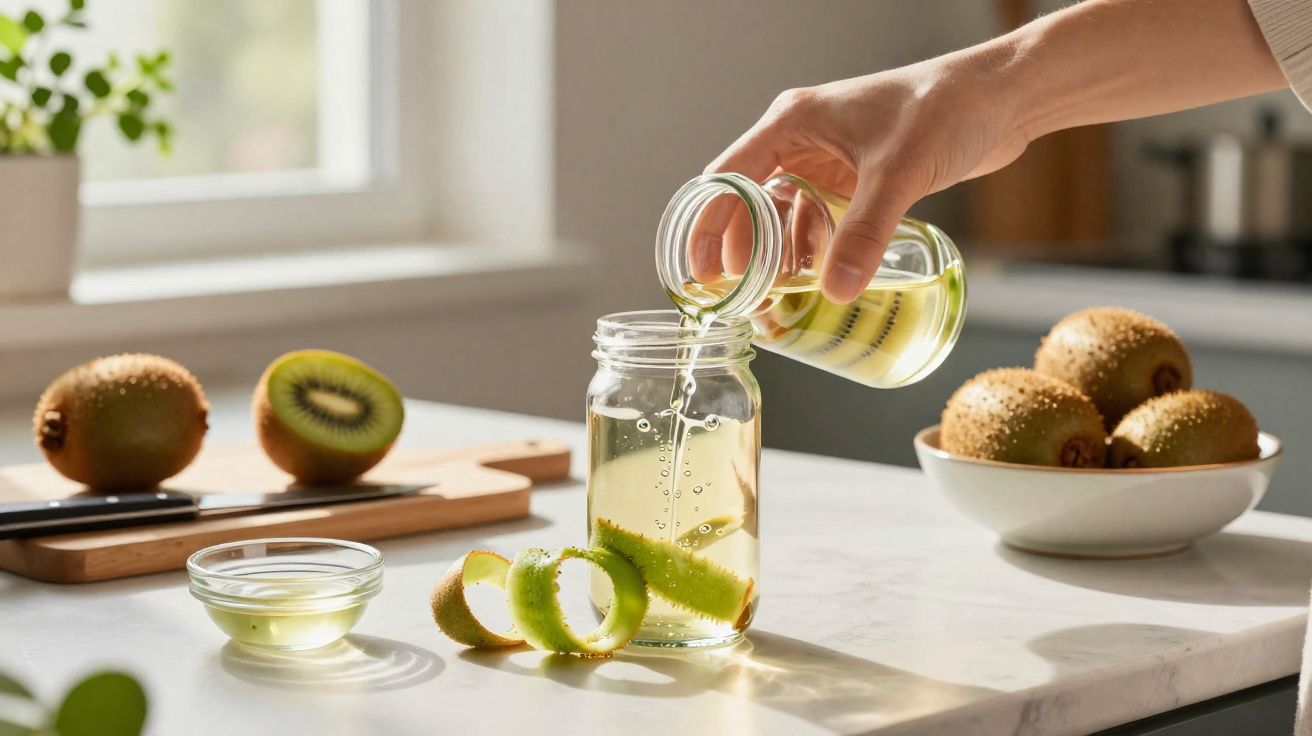 Mão despejando líquido em jarra com fatias de kiwi sobre bancada de cozinha iluminada pela janela.