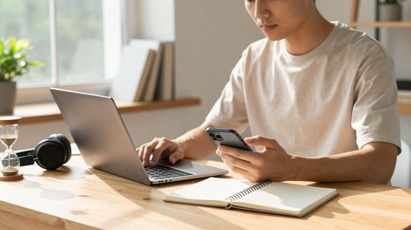 Homem usando smartphone e laptop em mesa de madeira com caderno, fone de ouvido e ampulheta ao lado.