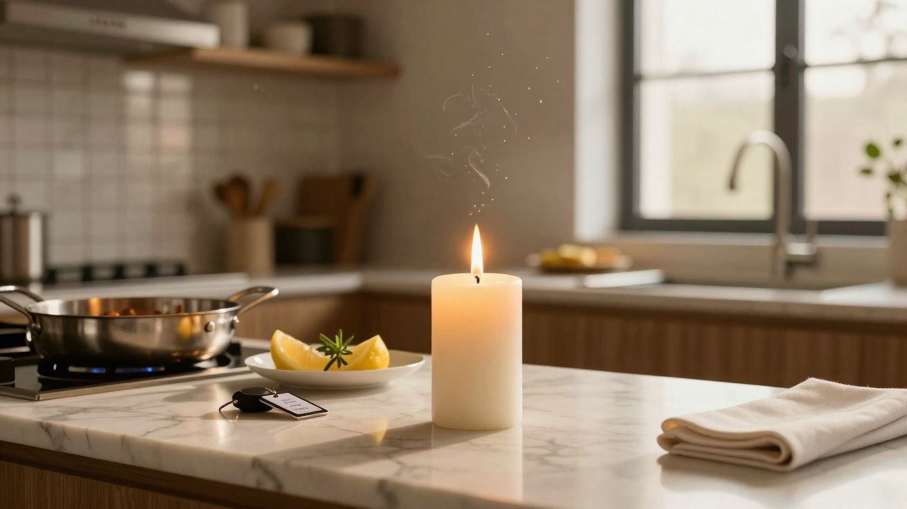 Vela branca acesa em bancada de cozinha com prato de limão, pano dobrado e panela ao fundo.