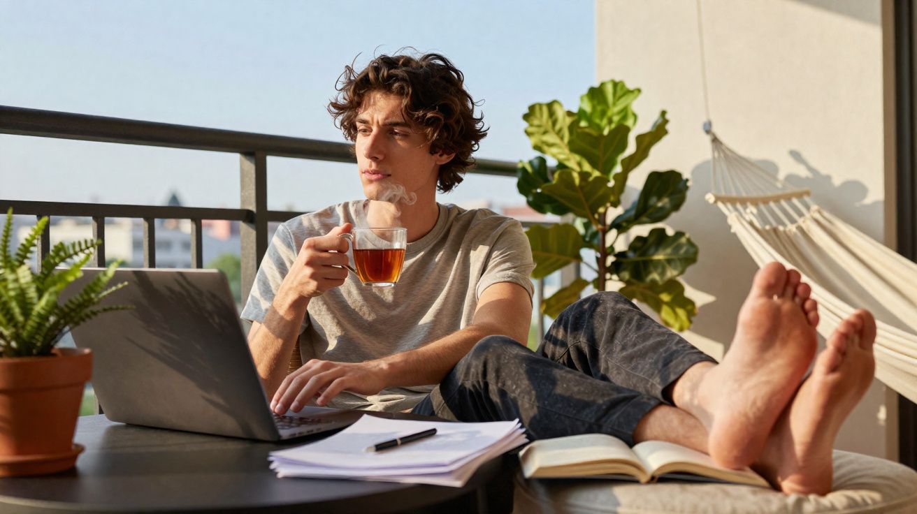 Jovem sentado em varanda com laptop, segurando xícara de chá e trabalhando, pés descalços sobre almofada.