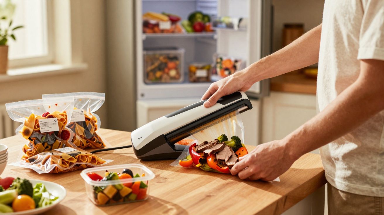 Pessoa usando seladora a vácuo para embalar alimentos frescos na cozinha, com sacos e potes de comida na mesa.
