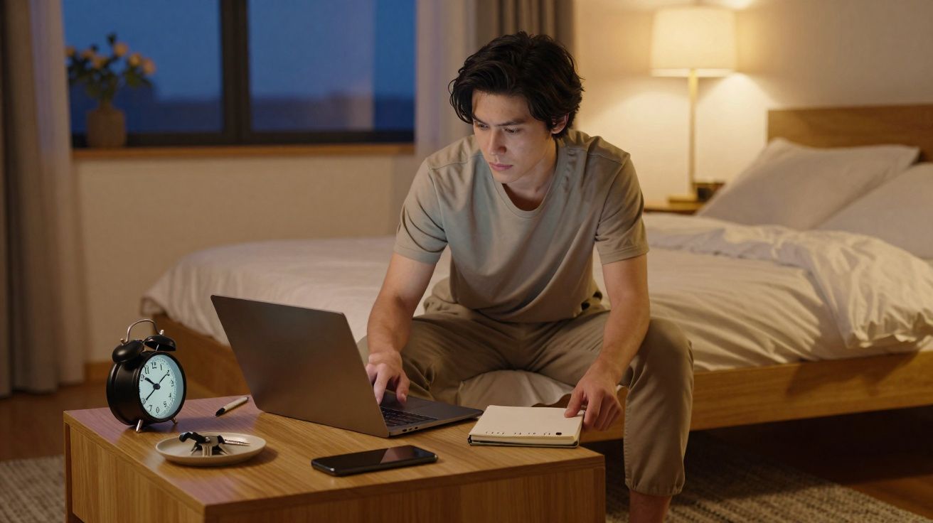 Jovem sentado em cama usando laptop à noite, com caderno, celular e despertador sobre a mesa de madeira.