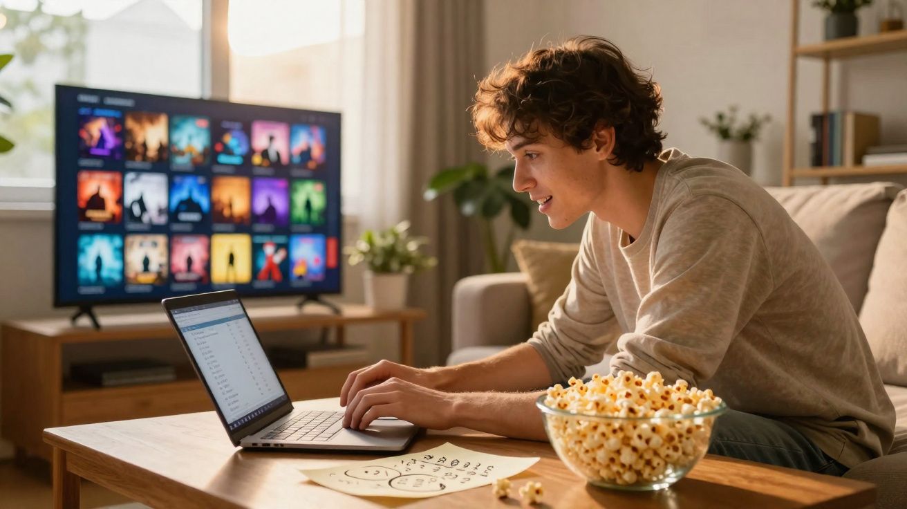 Jovem sentado no sofá usando notebook com tigela de pipoca na mesa e TV ligada ao fundo.