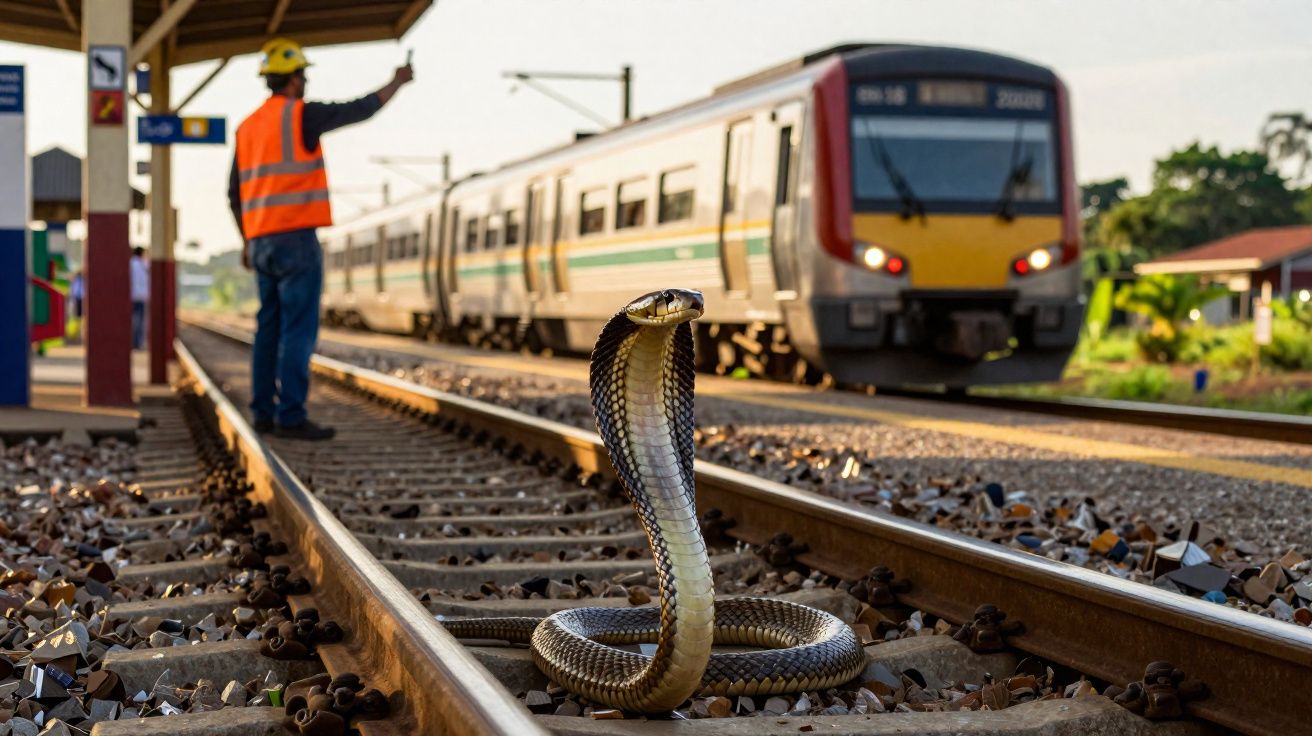 Cobra na linha férrea com trem se aproximando e funcionário sinalizando ao fundo em estação.