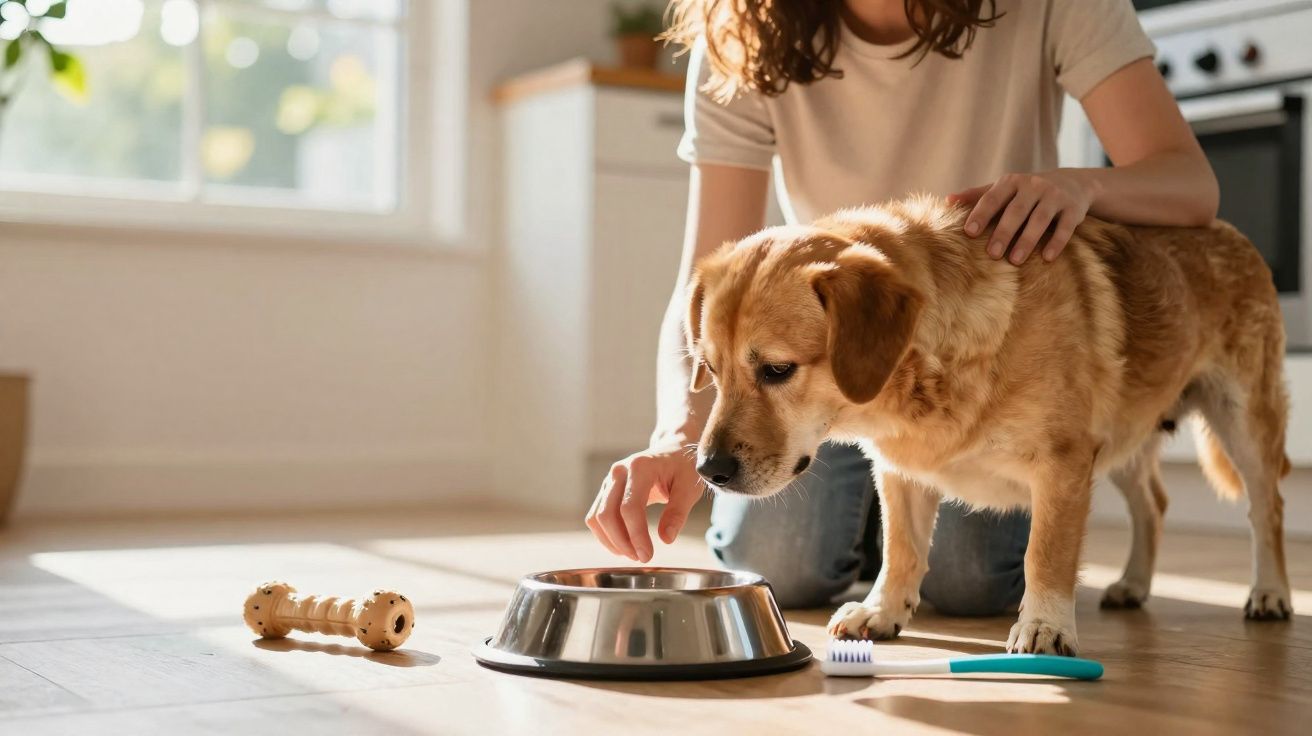 Pessoa acariciando um cachorro marrom próximo a uma tigela de água e uma escova de dentes no chão.