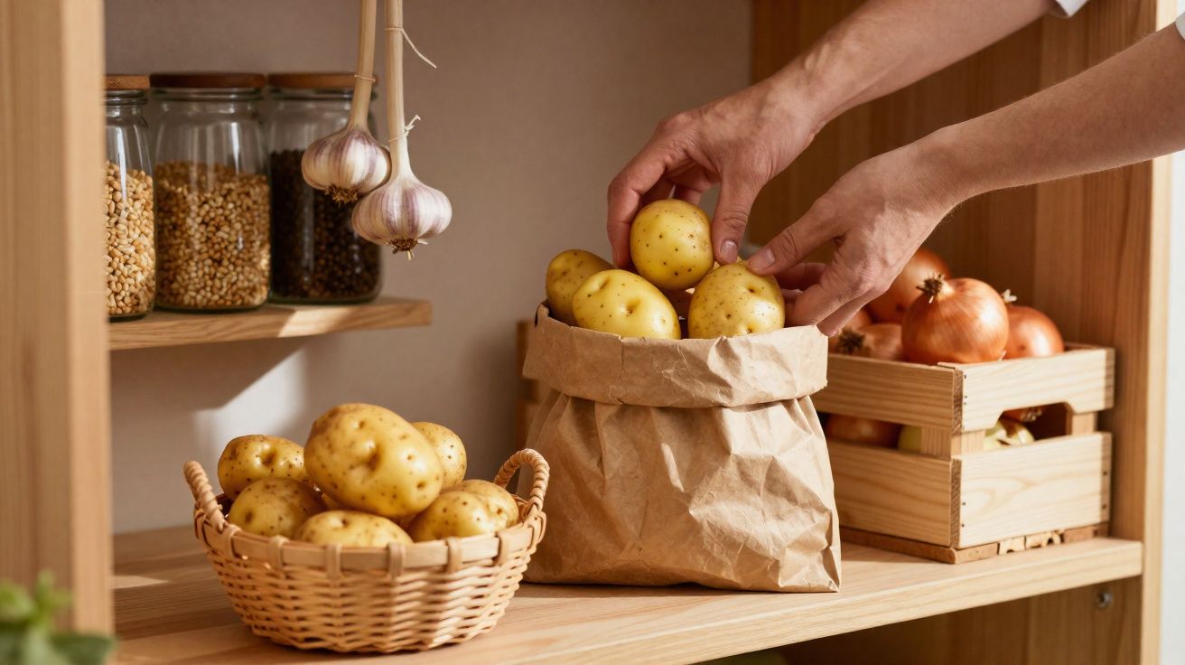 Mãos colocando batatas em saco de papel em prateleira com cesta de batatas, cebolas e potes de mantimentos.