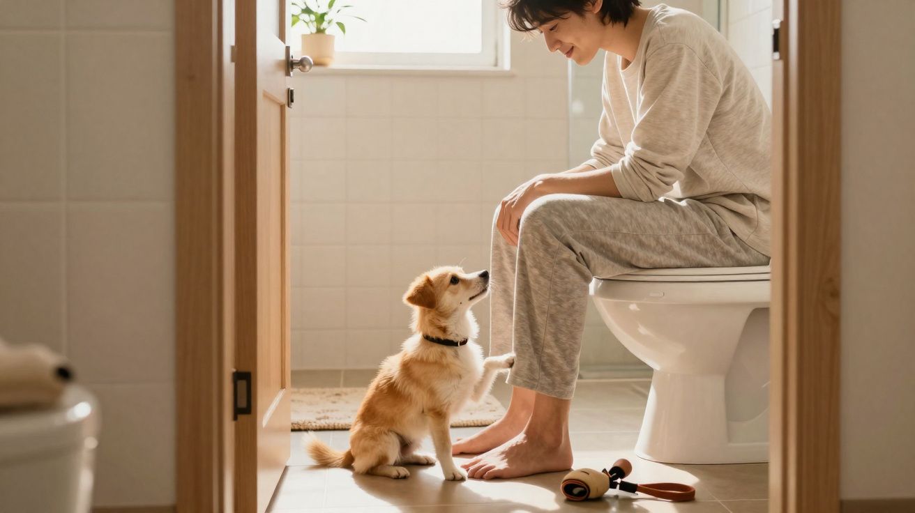 Pessoa sentada no vaso sanitário interagindo com cachorro pequeno dentro do banheiro iluminado.