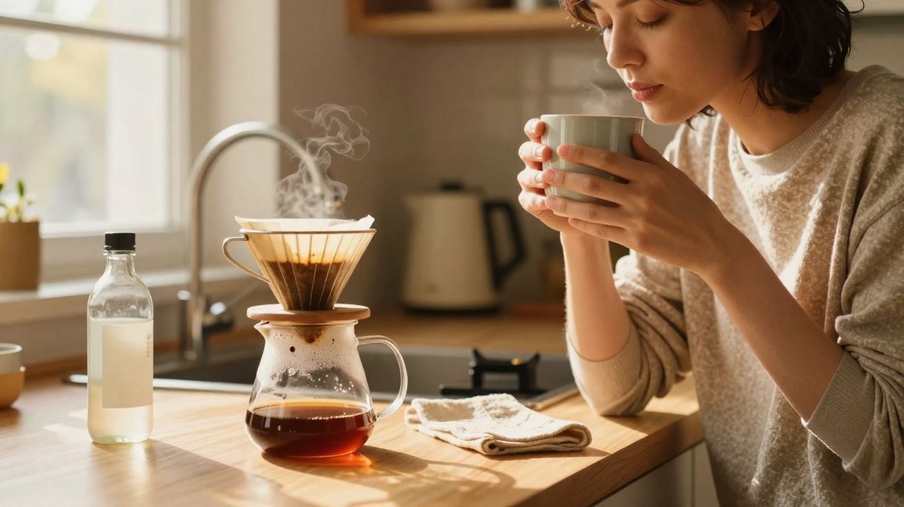 Mulher cheirando café quente recém-preparado em cafeteira de vidro na cozinha iluminada.