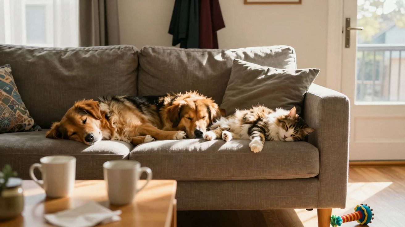 Cachorro e gato deitados lado a lado em sofá cinza, em sala iluminada pelo sol.