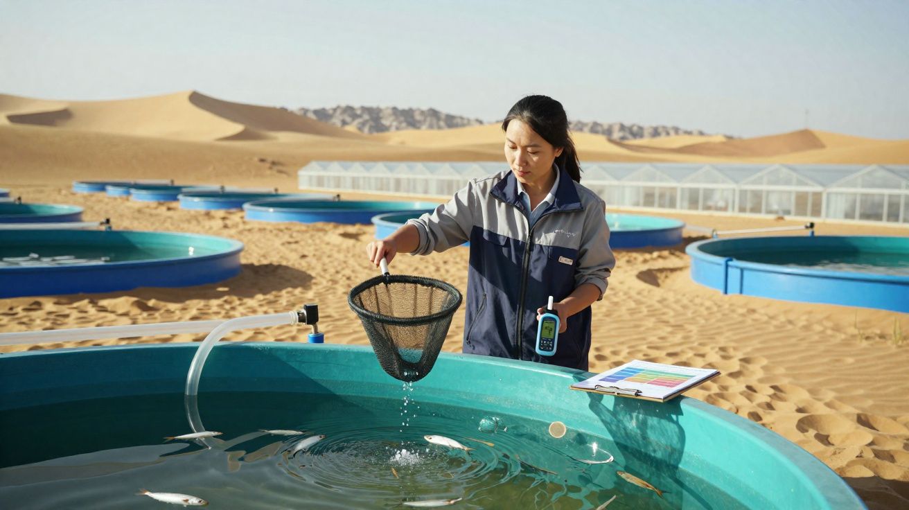 Mulher inspeciona tanque de peixes em fazenda de aquicultura no deserto com dunas e estufas ao fundo.