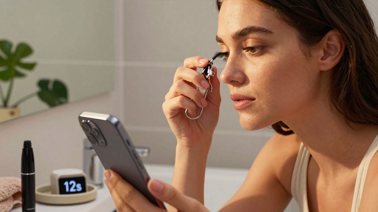 Mulher aplicando rímel enquanto olha para celular em banheiro com plantinha ao fundo.