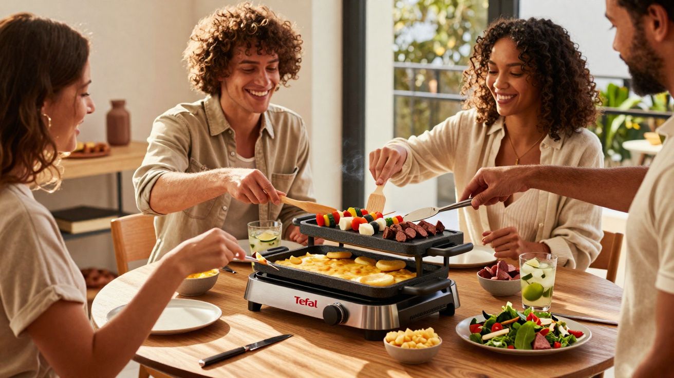 Quatro pessoas sorrindo enquanto preparam espetinhos e batatas em uma churrasqueira elétrica na mesa.