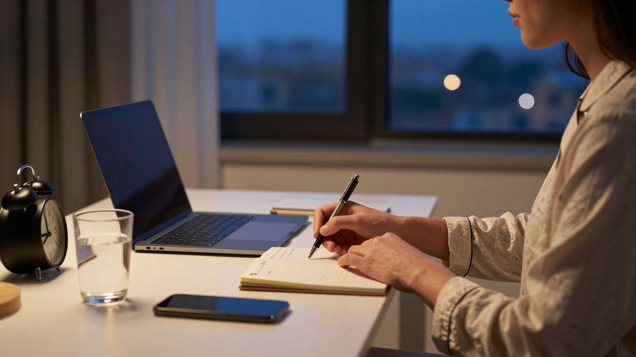 Pessoa escrevendo em caderno à noite, com laptop, celular, copo d'água e relógio na mesa branca.