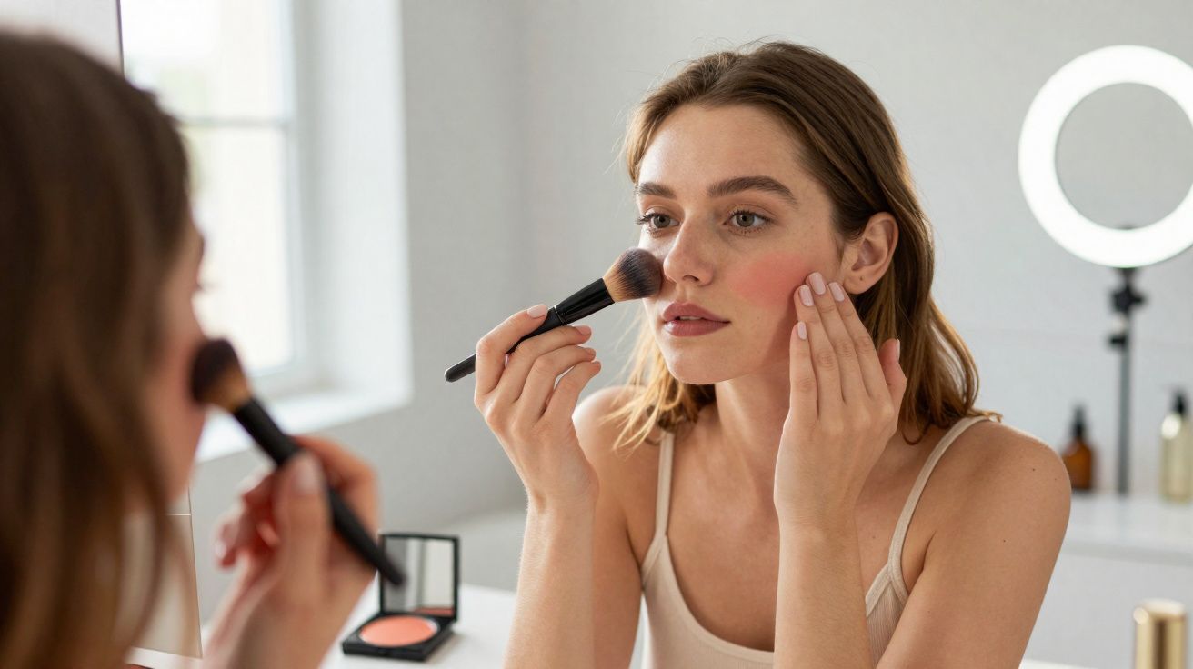 Mulher aplicando blush no rosto com pincel em frente ao espelho em ambiente iluminado.