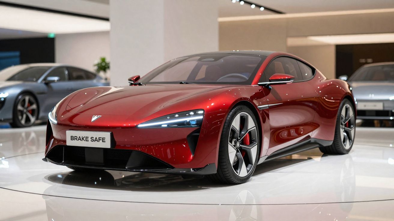 Carro esportivo elétrico vermelho em exposição interna com design aerodinâmico e rodas modernas.
