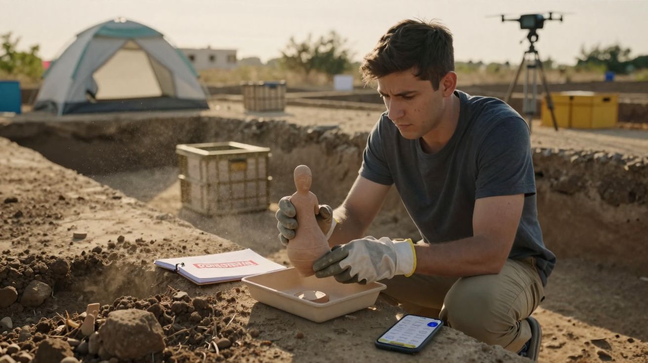 Homem vestindo luvas examina figura de cerâmica durante escavação arqueológica ao ar livre.