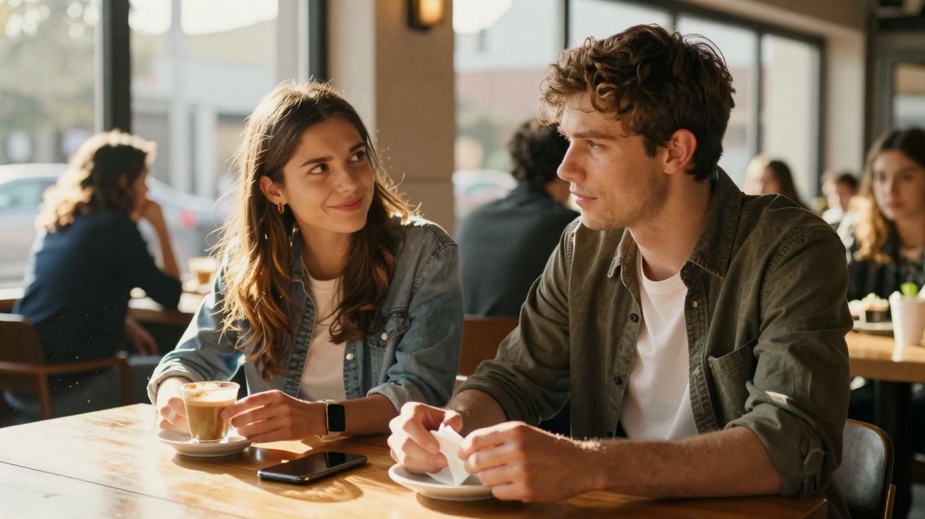 Casal conversando em café iluminado, ela segura xícara, ele olha para ela, ambos sentados à mesa.