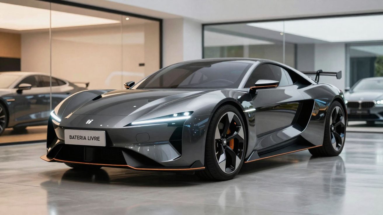 Carro esportivo elétrico cinza metálico estacionado dentro de showroom moderno com teto baixo.